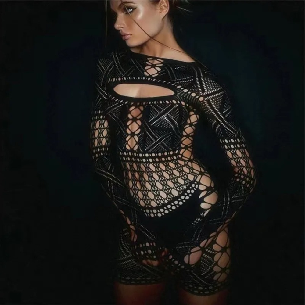 Black Crochet Sexy Mesh Cutout Stretchy Romper/Bodysuit